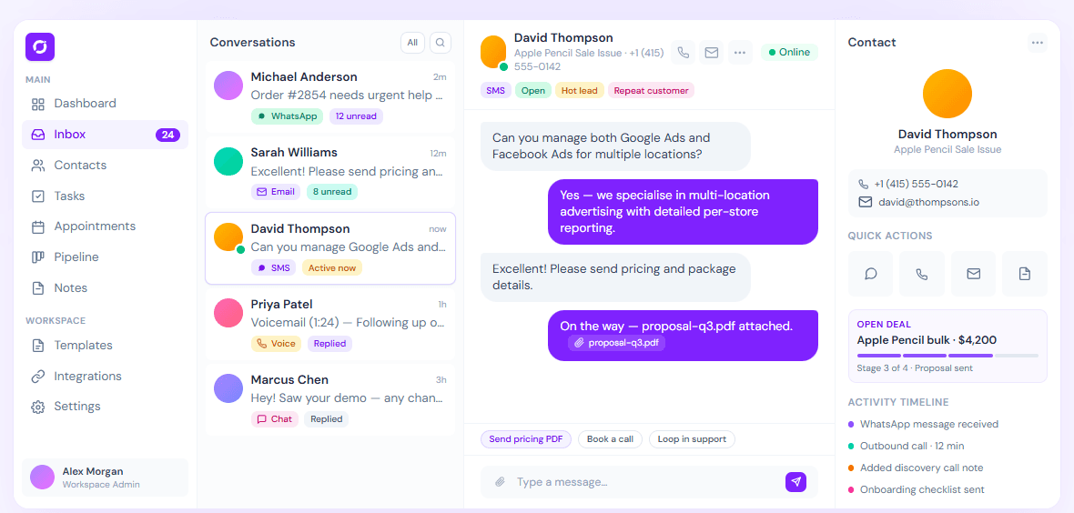 Workyla CRM: unified inbox with WhatsApp, email, SMS and voice conversations alongside the contact record and open deal.